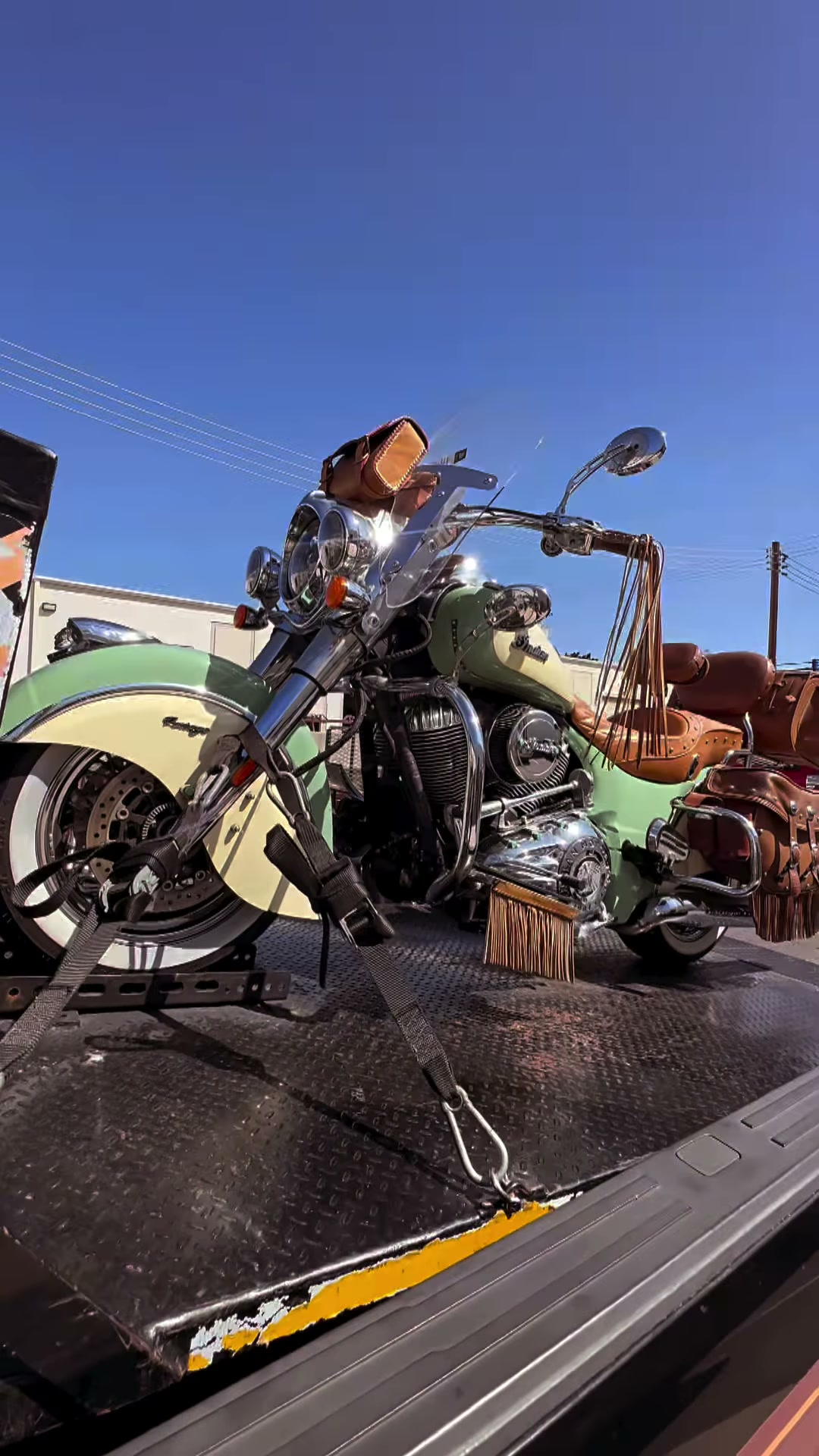 Indian motorcycle on black tow bed